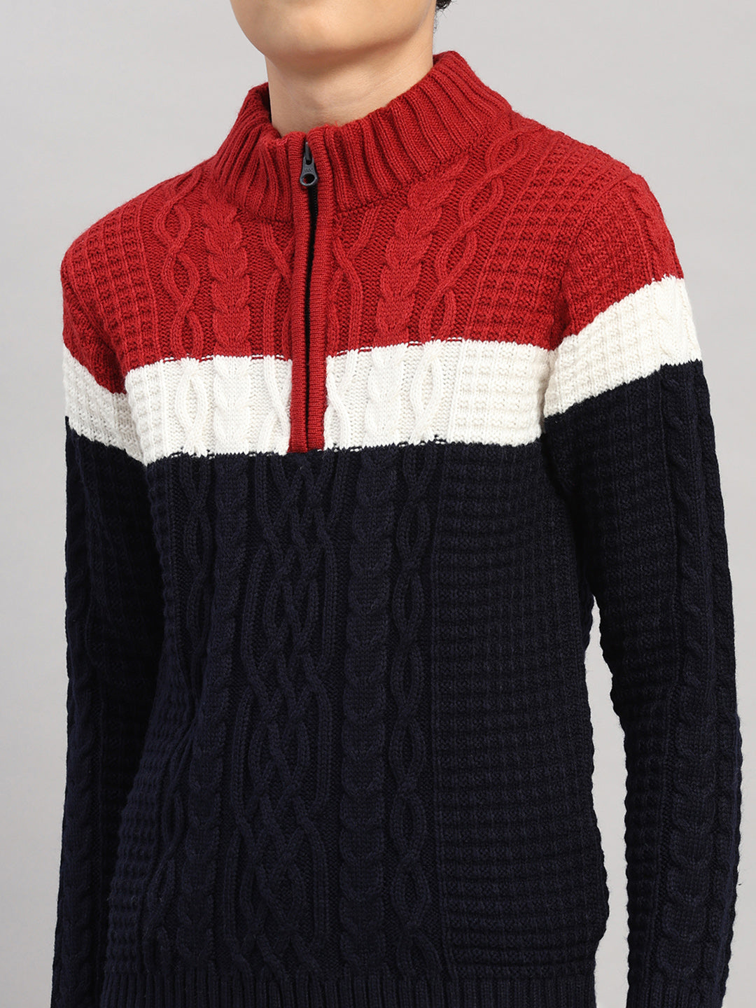 Boys Navy Blue Printed Collar Full Sleeve Pullover