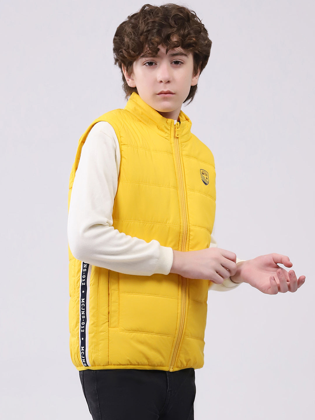 Boys Yellow Solid Mock Neck Sleeveless Boys Jacket