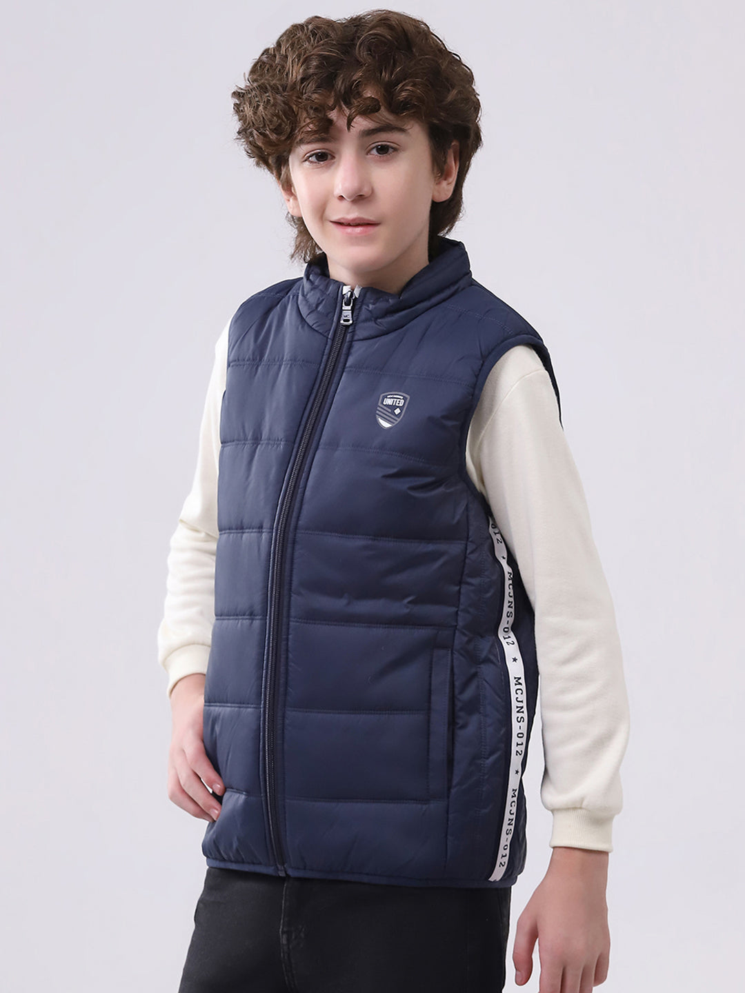 Boys Navy Blue Solid Mock Neck Sleeveless Boys Jacket