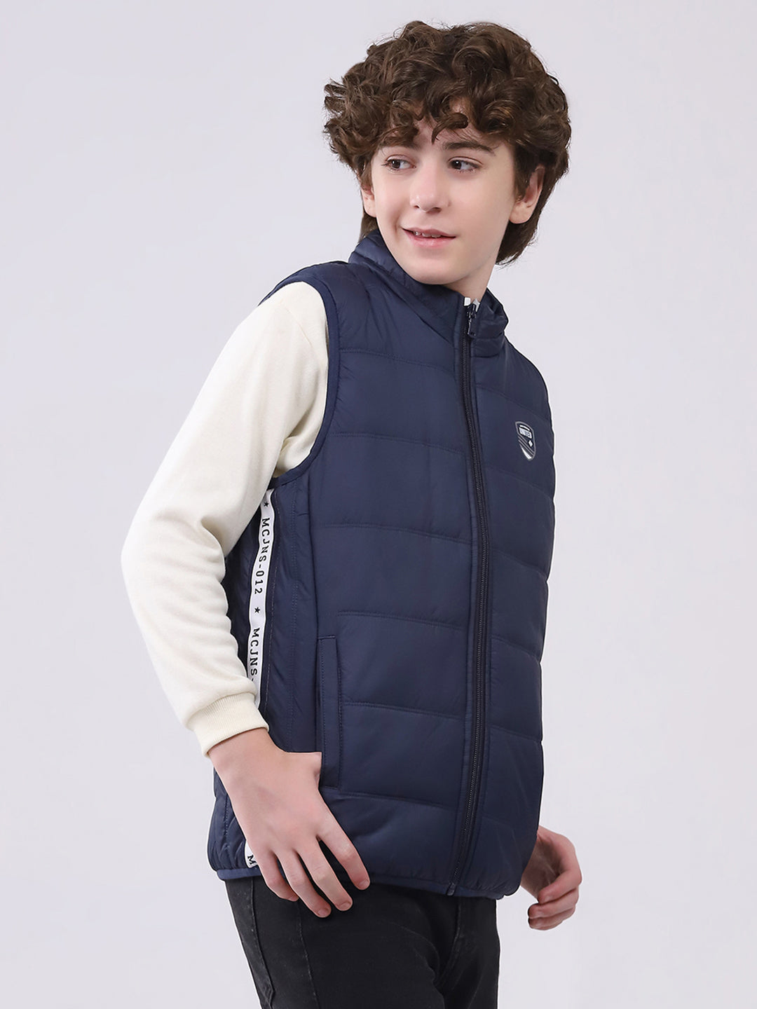 Boys Navy Blue Solid Mock Neck Sleeveless Boys Jacket