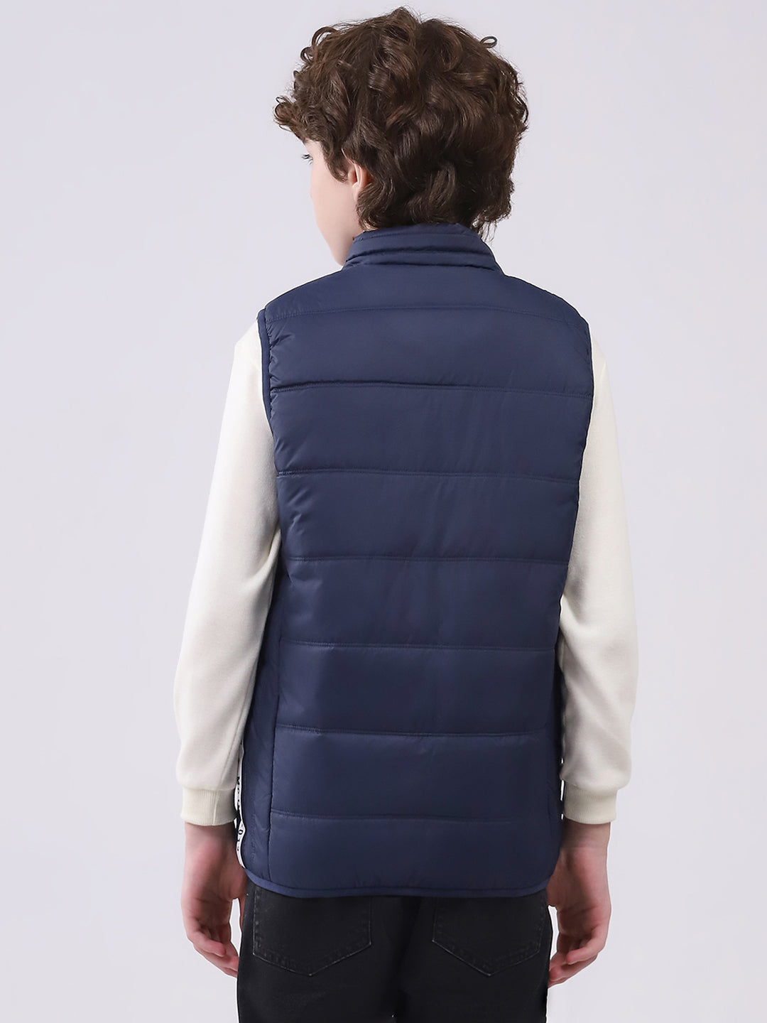 Boys Navy Blue Solid Mock Neck Sleeveless Boys Jacket
