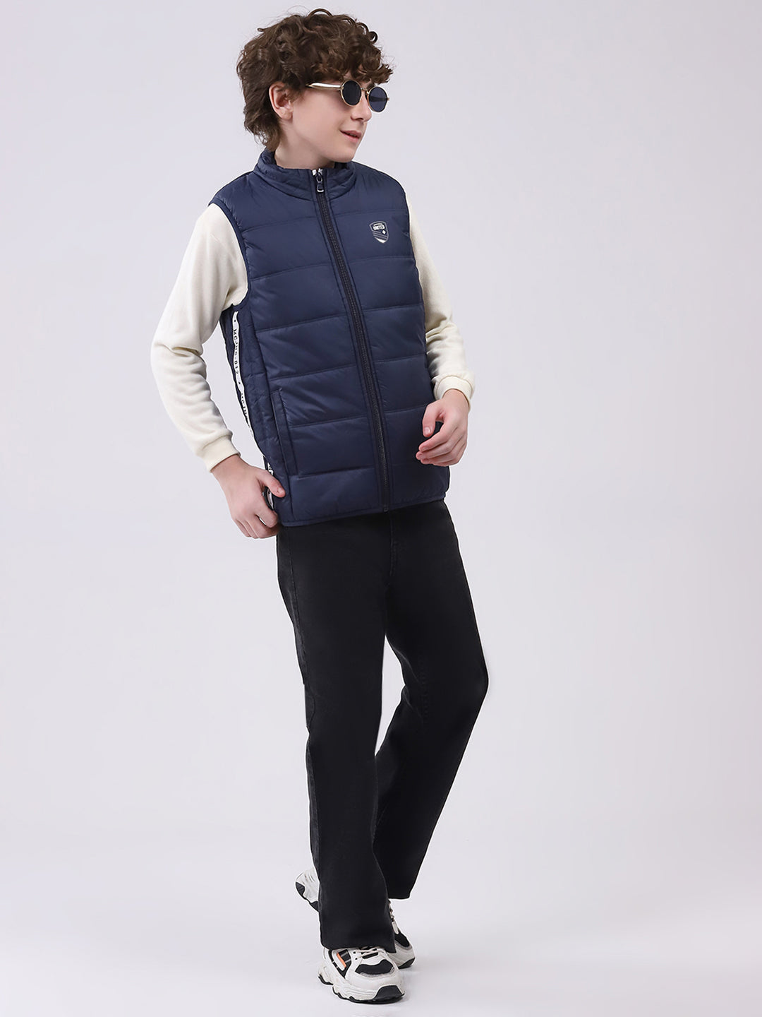 Boys Navy Blue Solid Mock Neck Sleeveless Boys Jacket