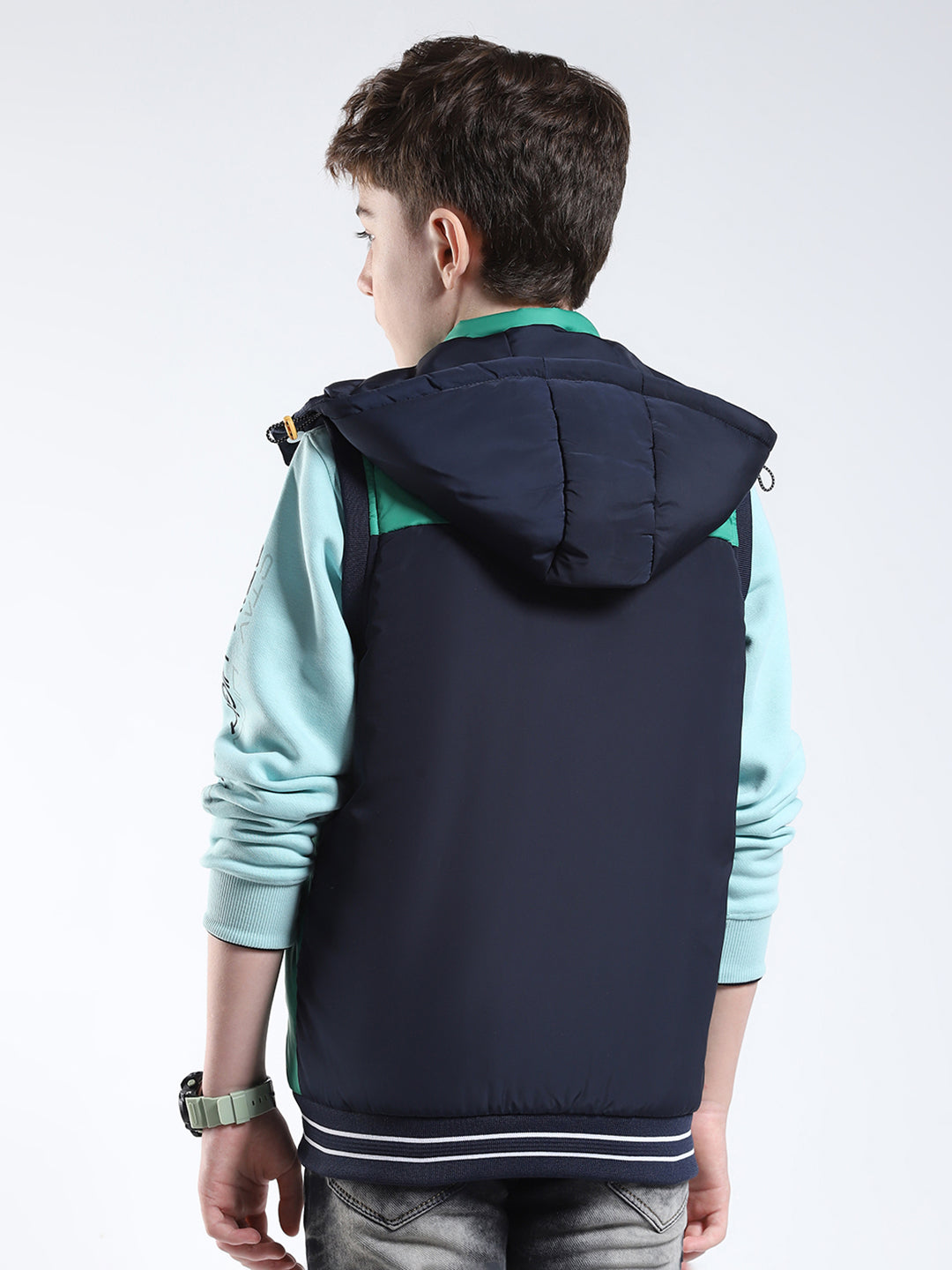 Boys Navy Blue Solid Hooded Sleeveless Jacket