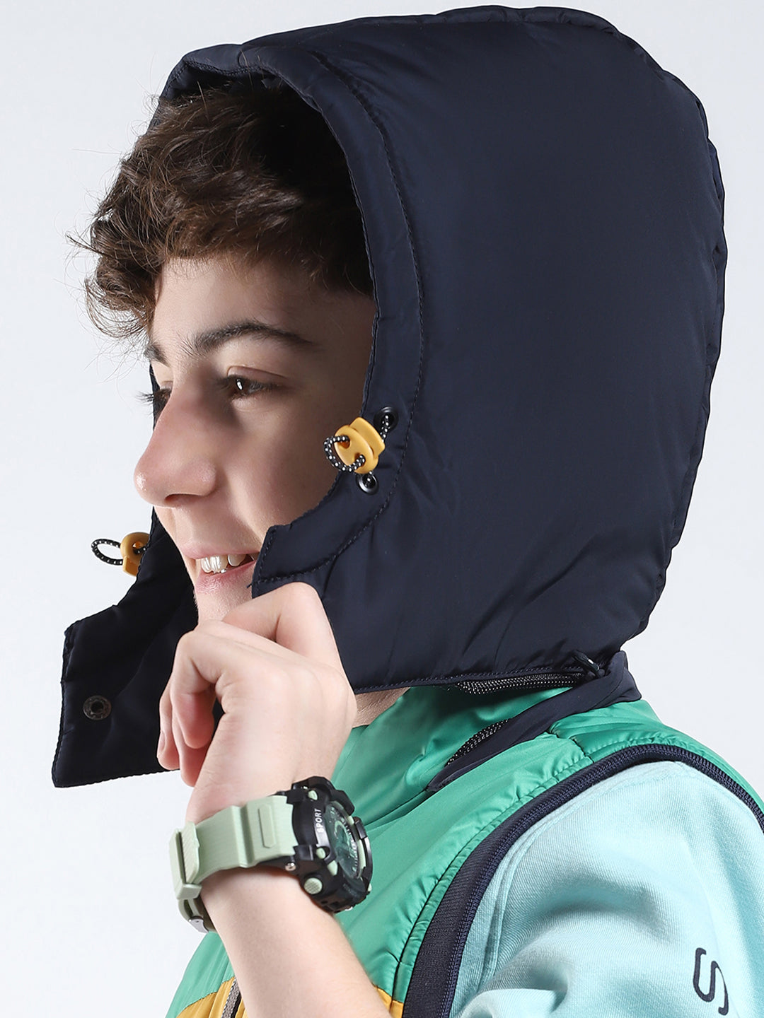 Boys Navy Blue Solid Hooded Sleeveless Jacket