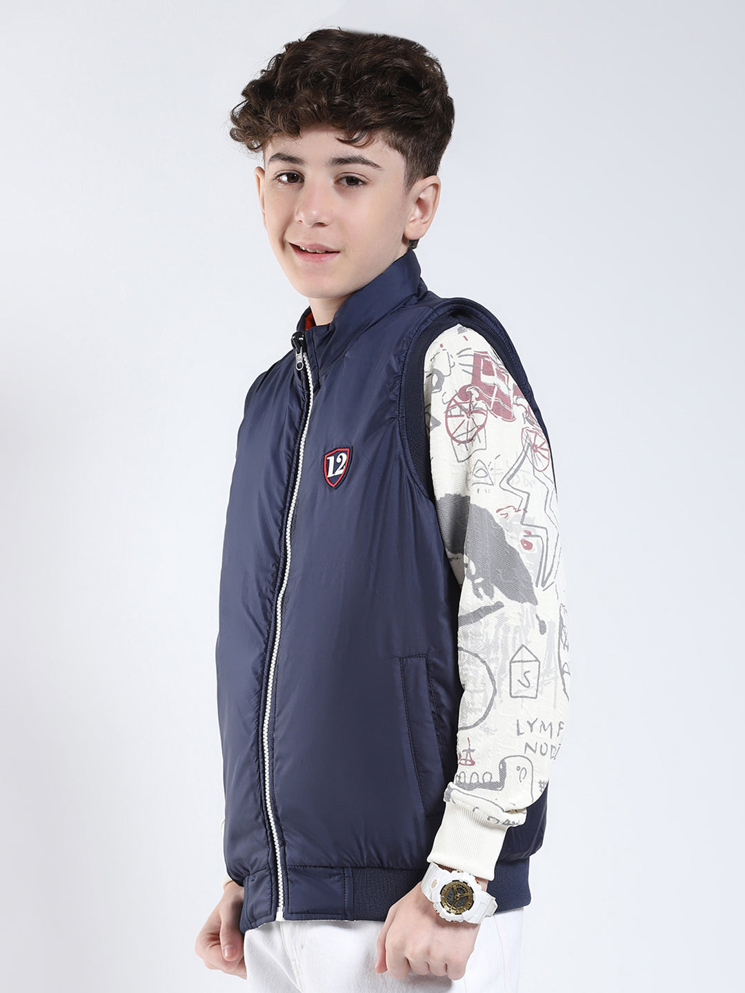 Boys White Printed Mock Neck Sleeveless Reversible Jacket