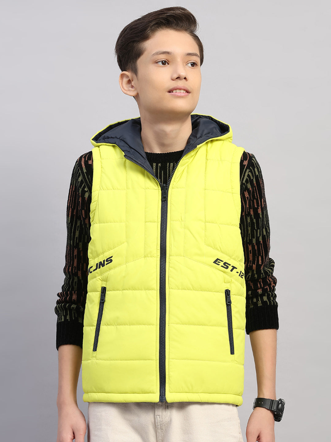 Boys Lime Green Printed Collar Sleeveless Reversible Jacket