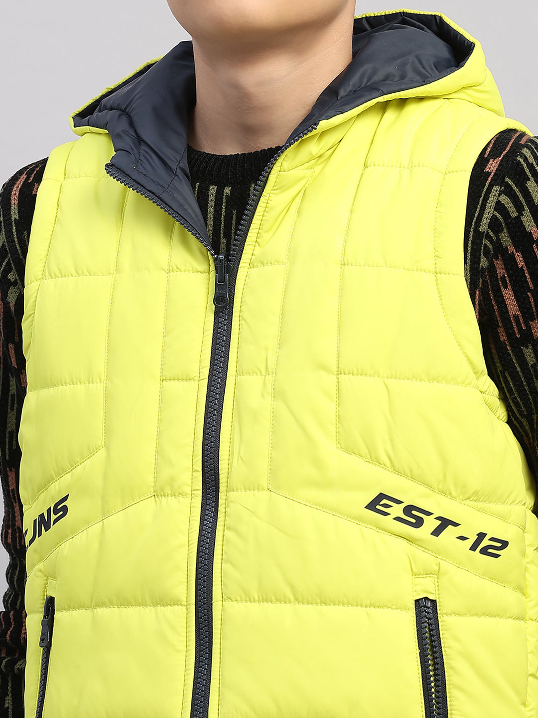Boys Lime Green Printed Collar Sleeveless Reversible Jacket