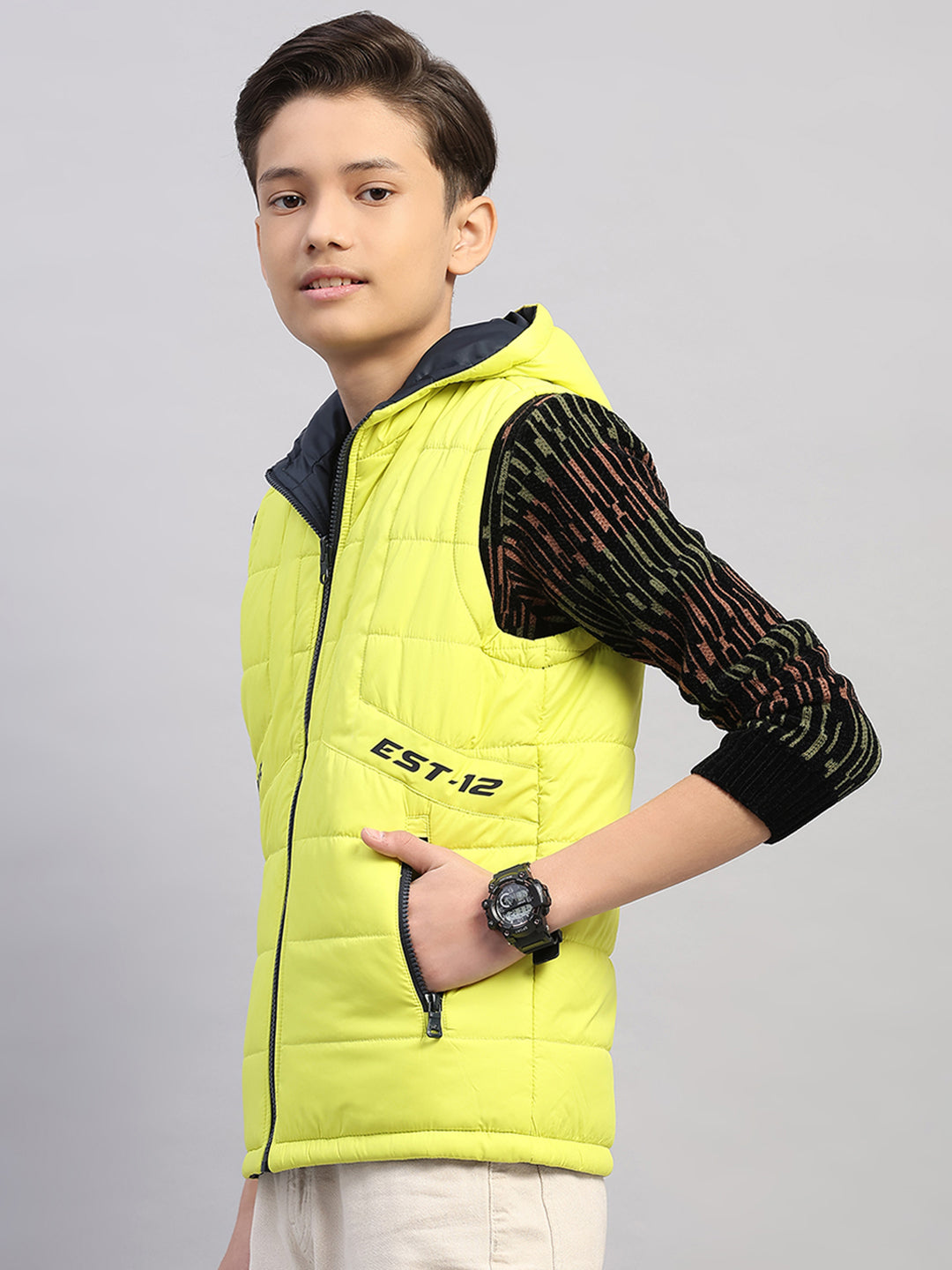 Boys Lime Green Printed Collar Sleeveless Reversible Jacket