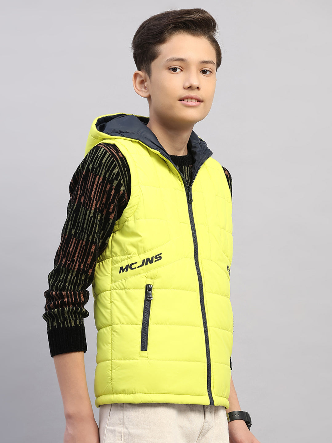 Boys Lime Green Printed Collar Sleeveless Reversible Jacket