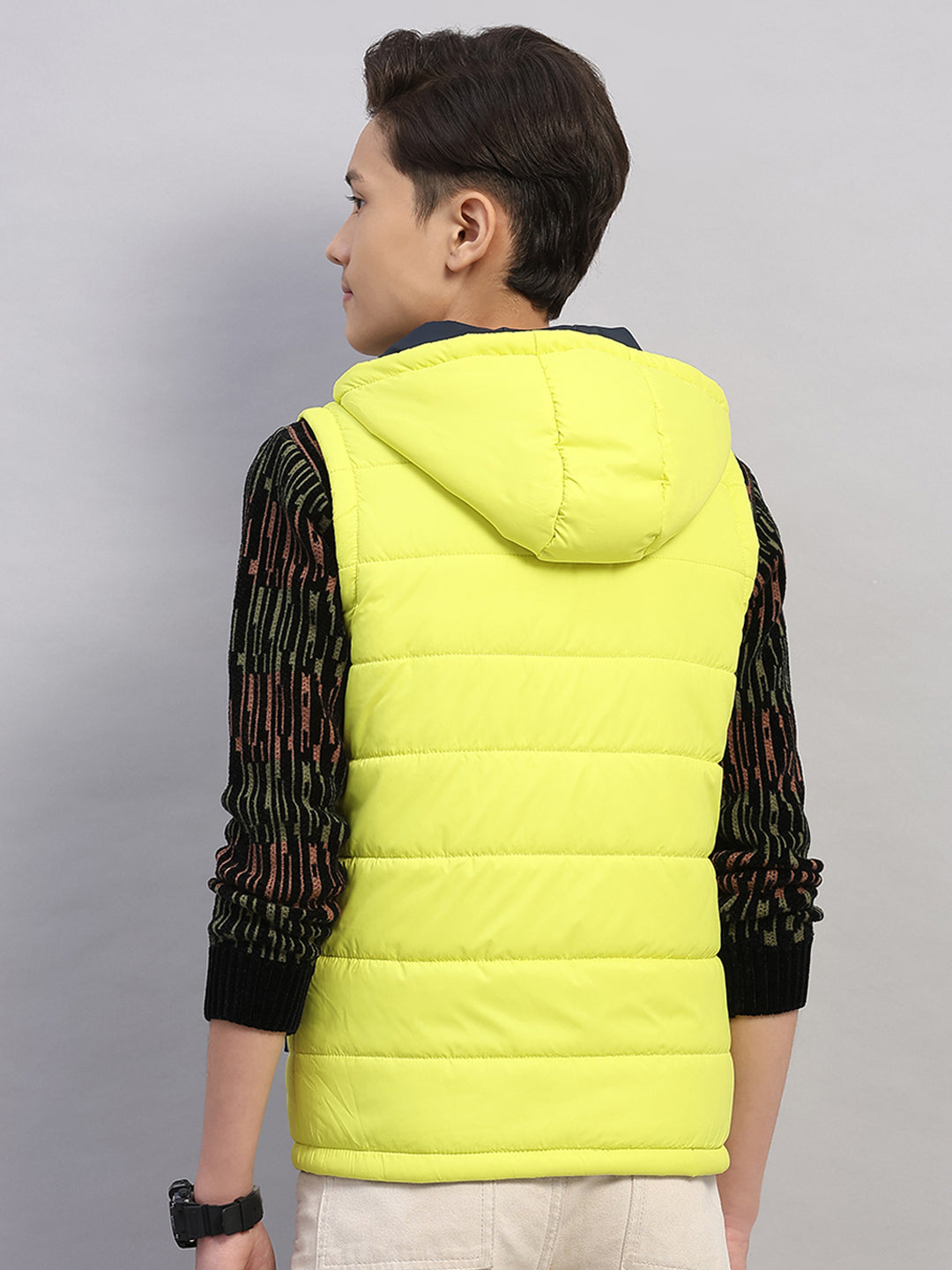 Boys Lime Green Printed Collar Sleeveless Reversible Jacket