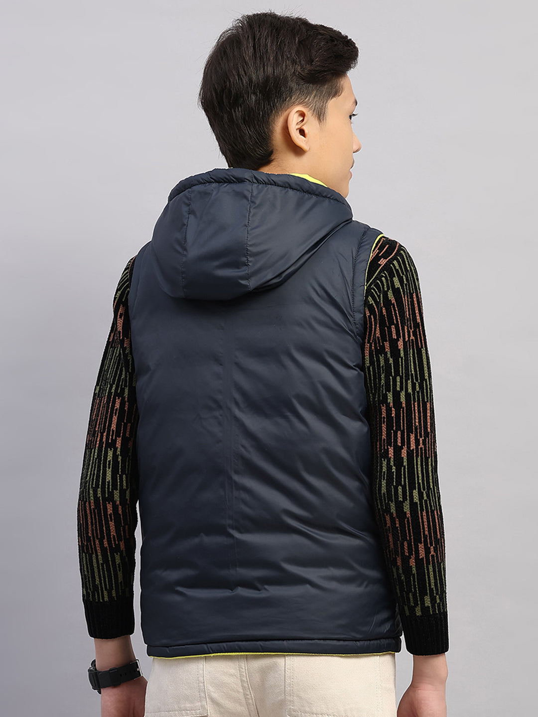 Boys Lime Green Printed Collar Sleeveless Reversible Jacket