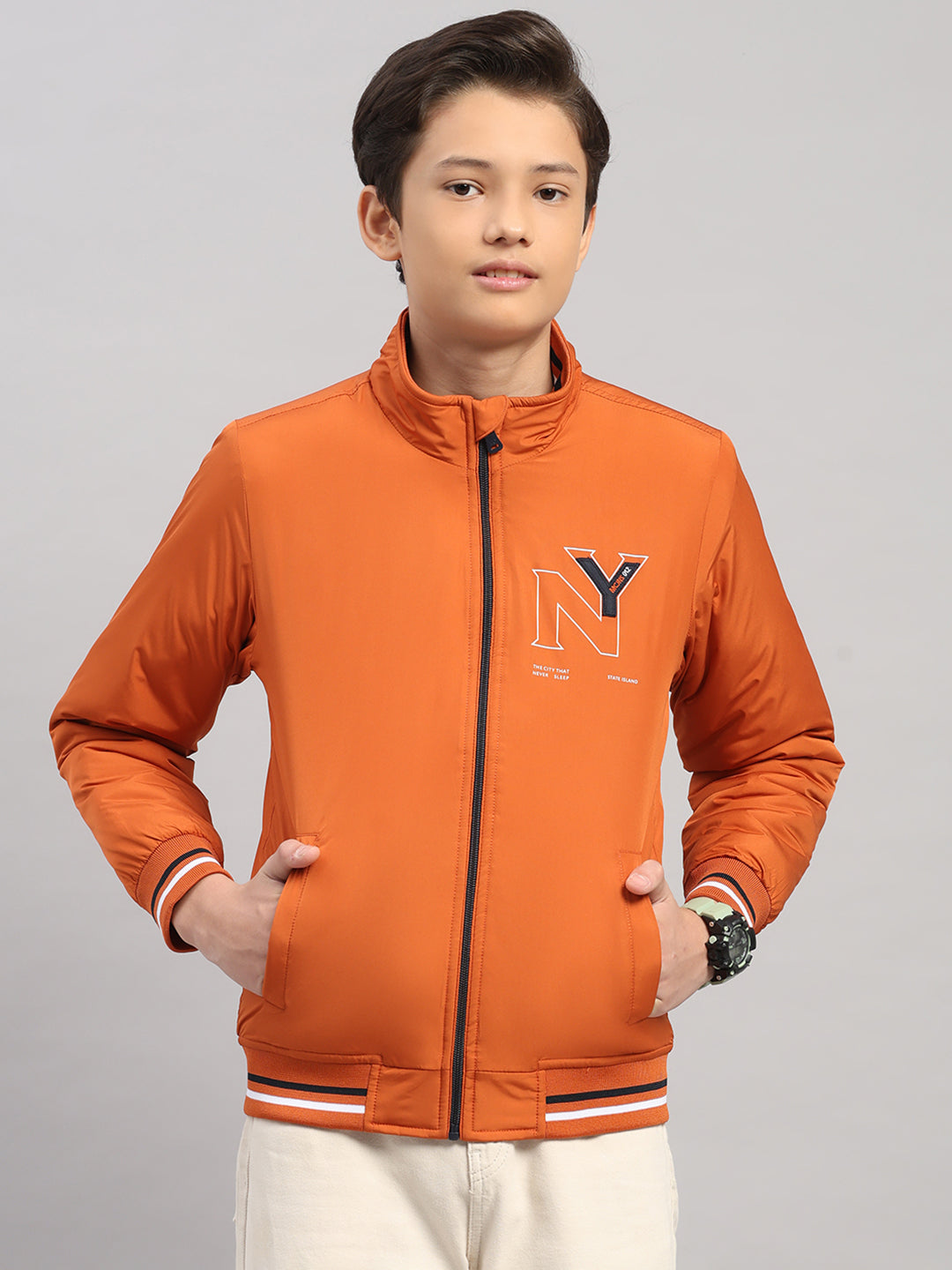 Boys Rust Solid Collar Full Sleeve Jacket