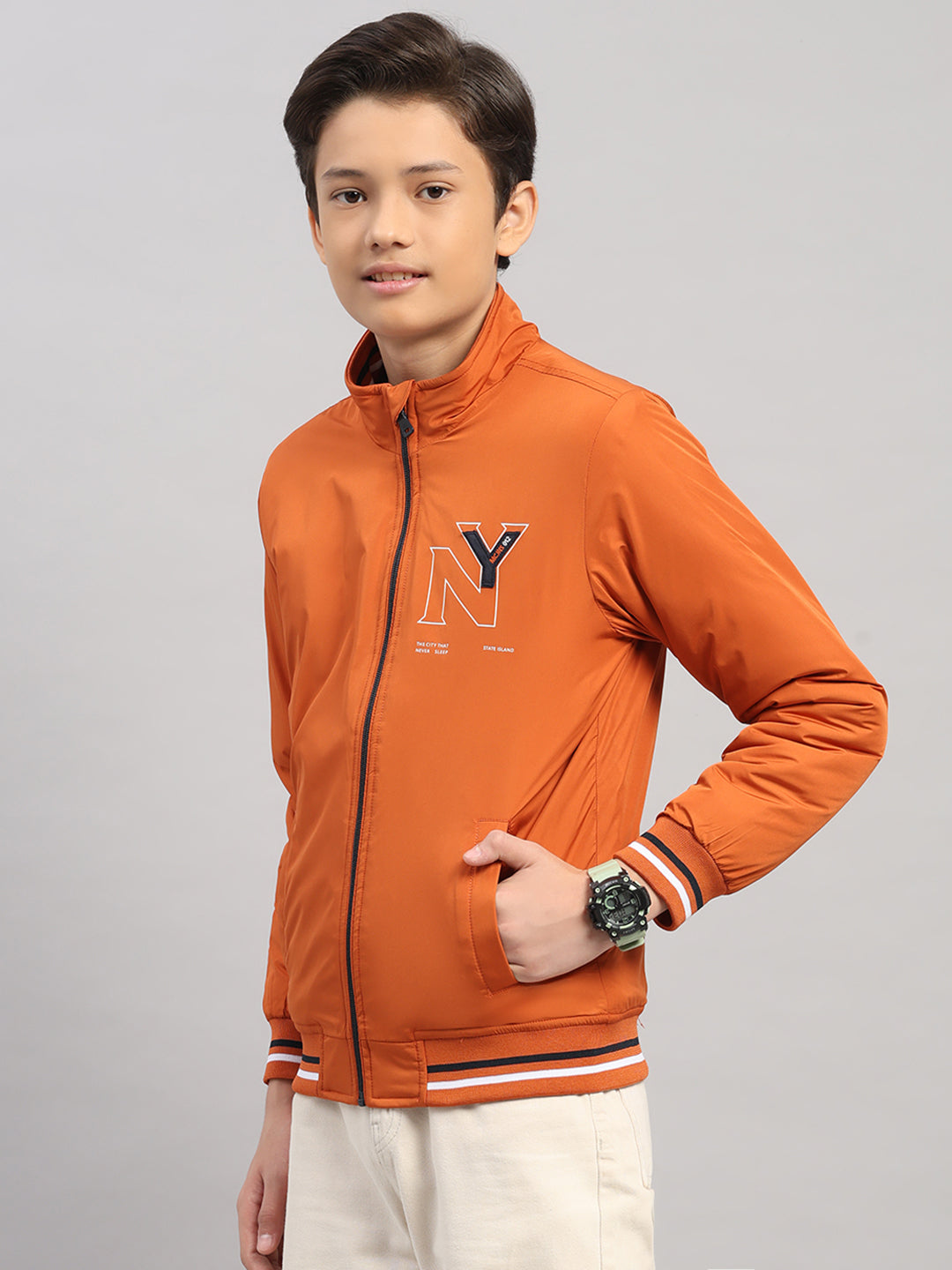 Boys Rust Solid Collar Full Sleeve Jacket