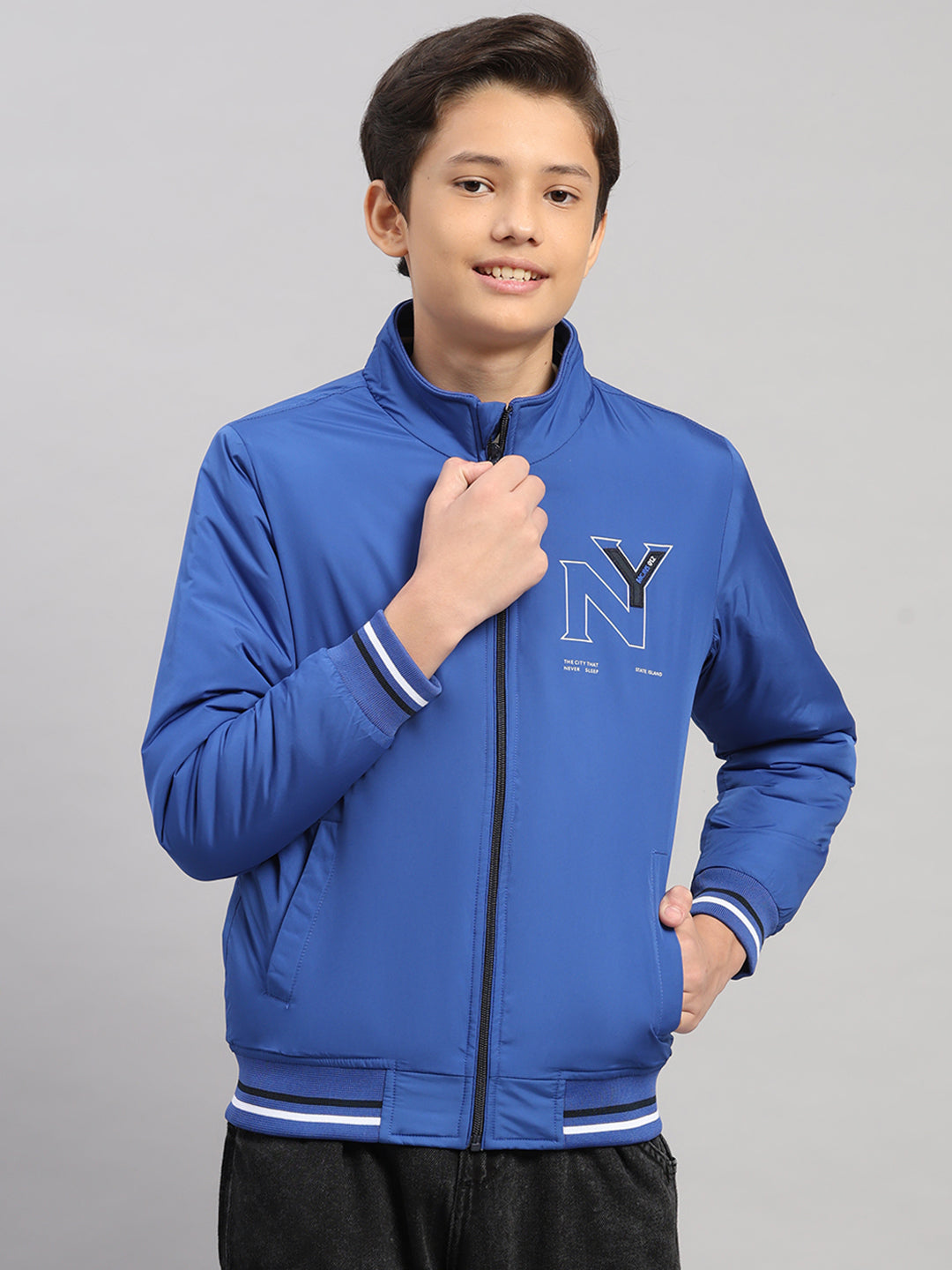 Boys Blue Solid Collar Full Sleeve Jacket