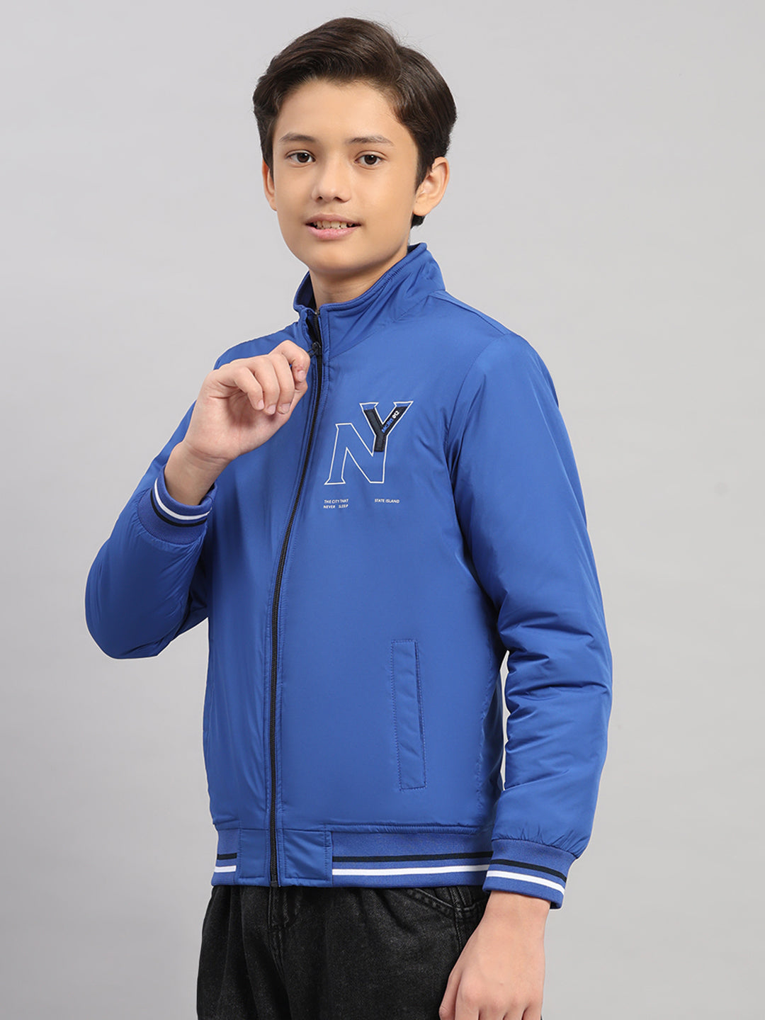 Boys Blue Solid Collar Full Sleeve Jacket