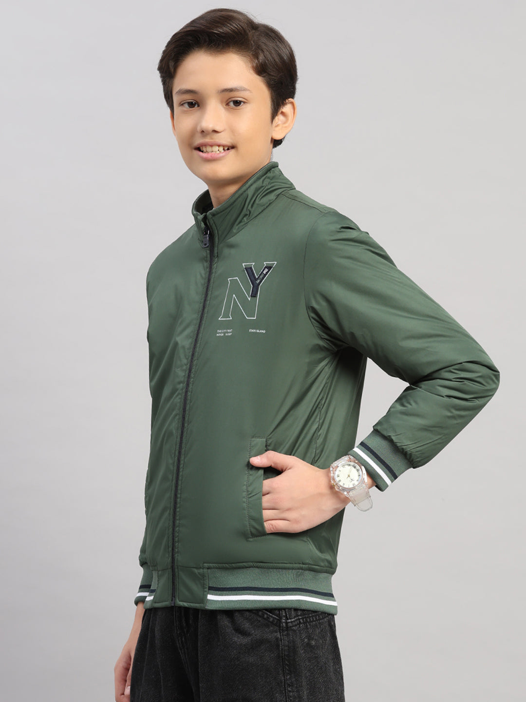 Boys Olive Solid Collar Full Sleeve Jacket