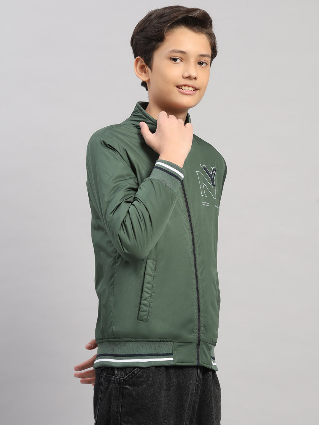 Boys Olive Solid Collar Full Sleeve Jacket