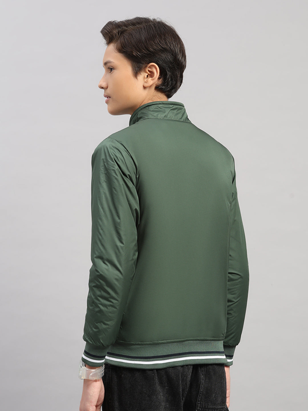 Boys Olive Solid Collar Full Sleeve Jacket