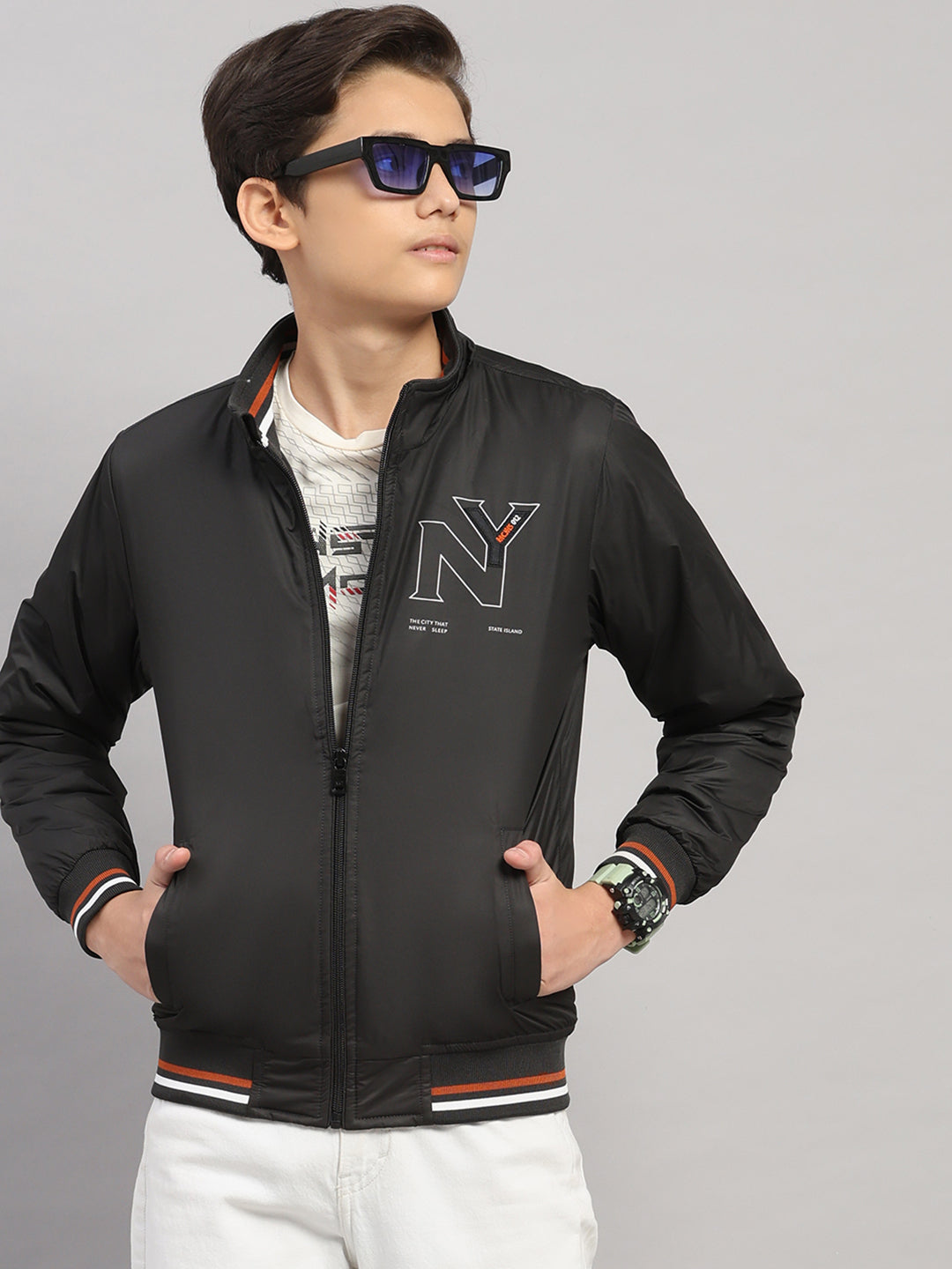 Boys Black Solid Collar Full Sleeve Jacket