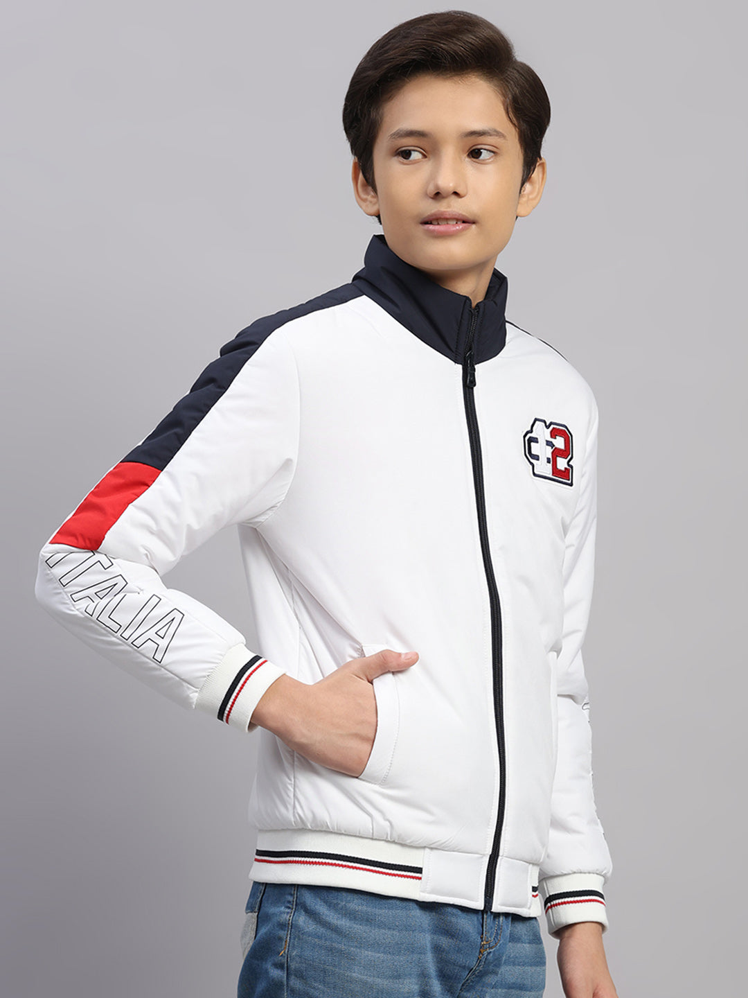 Boys White Embroidered Collar Full Sleeve Jacket
