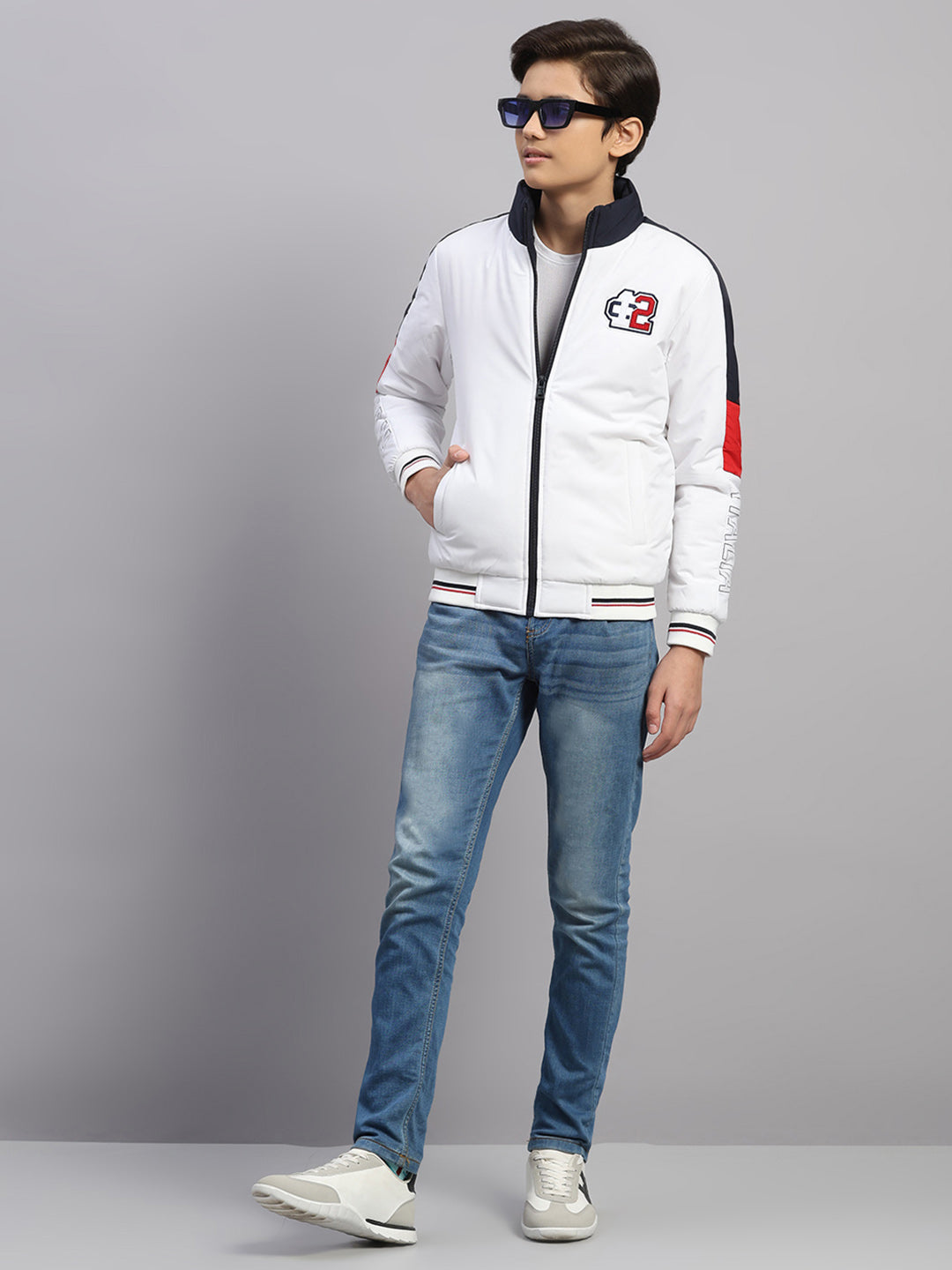 Boys White Embroidered Collar Full Sleeve Jacket