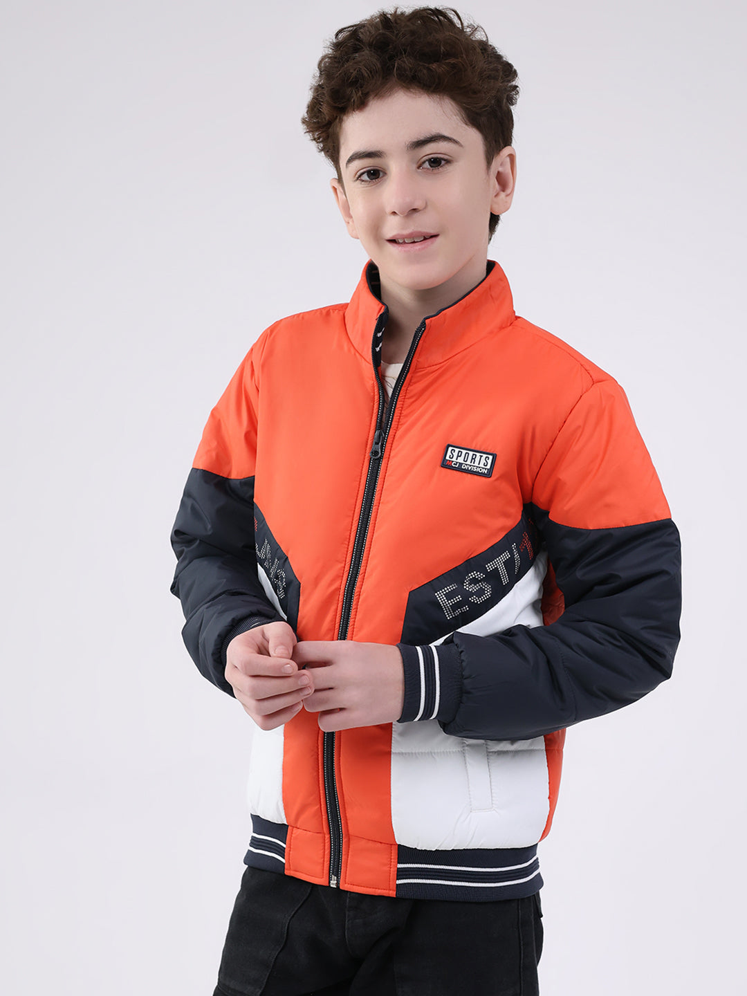 Boys Orange Printed Mock Neck Full Sleeve Jacket