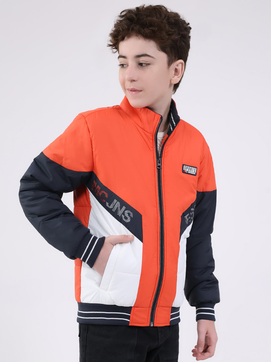 Boys Orange Printed Mock Neck Full Sleeve Jacket