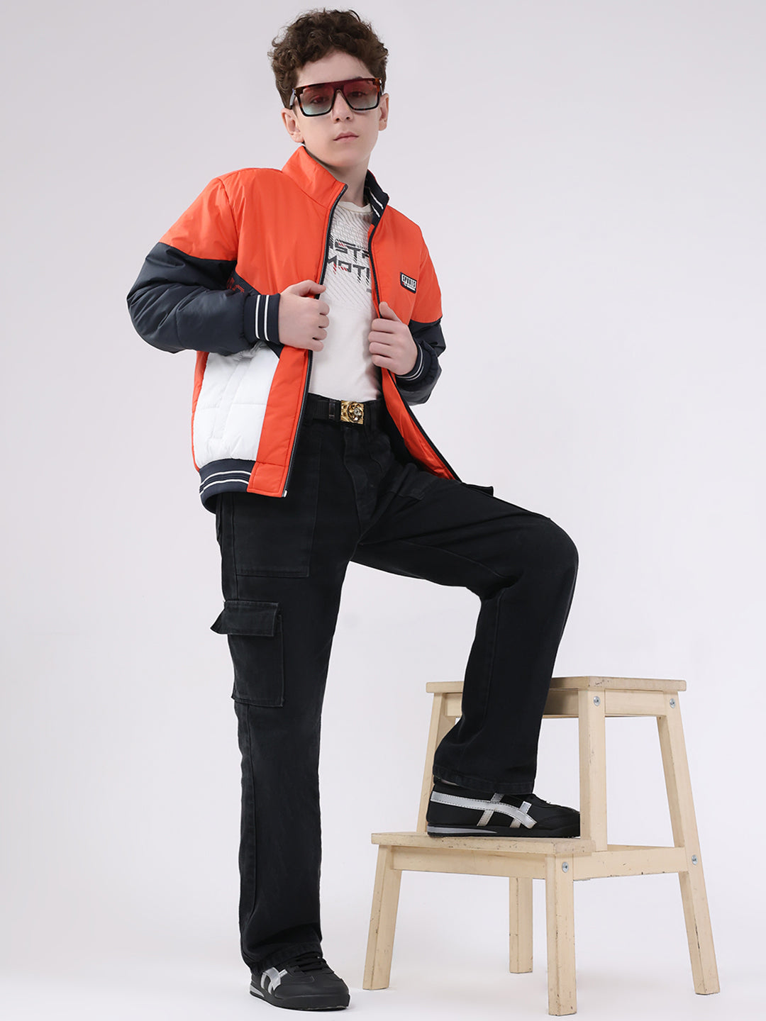Boys Orange Printed Mock Neck Full Sleeve Jacket
