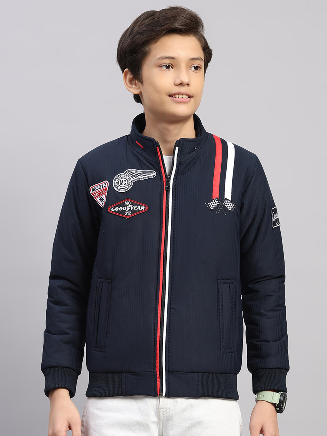Boys Navy Blue Embroidered Collar Full Sleeve Jacket