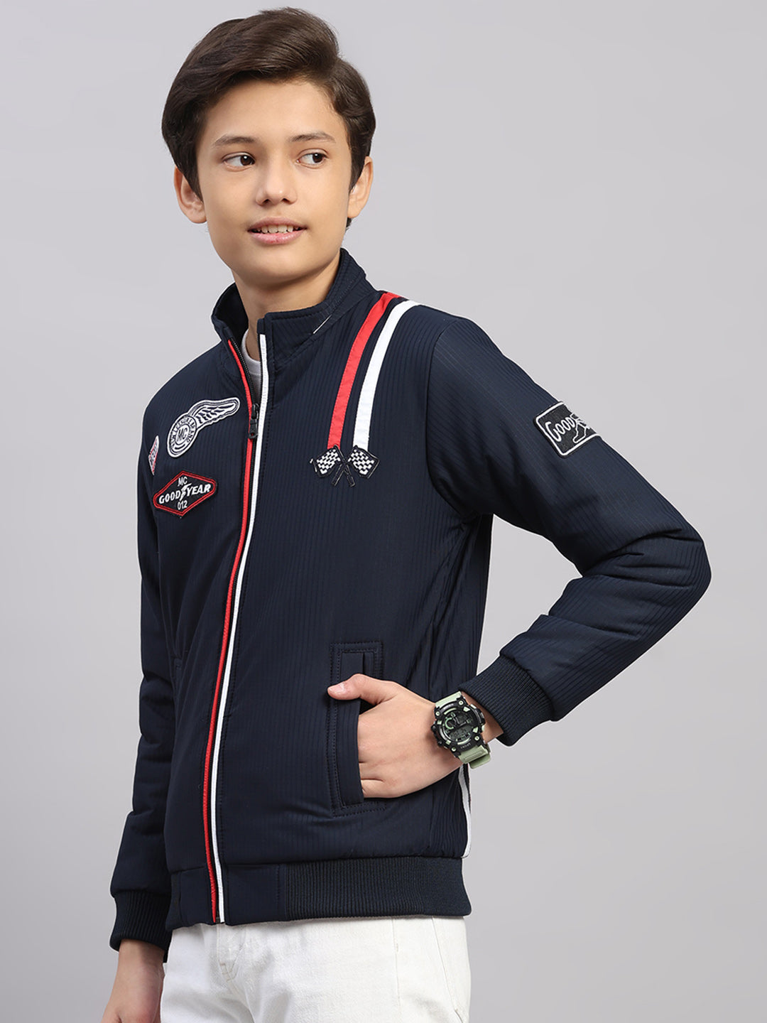 Boys Navy Blue Embroidered Collar Full Sleeve Jacket
