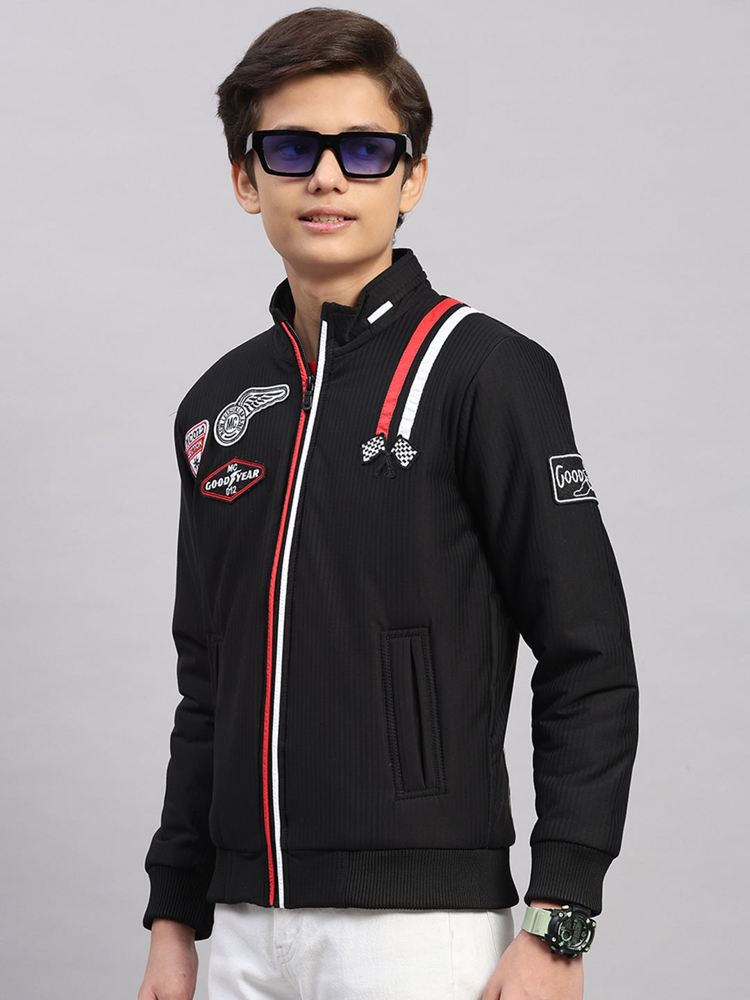 Boys Black Embroidered Collar Full Sleeve Jacket