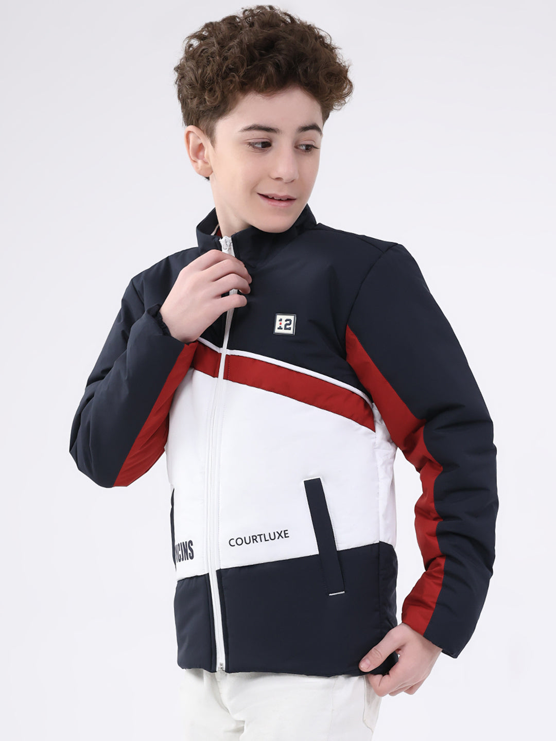 Boys Navy Blue Printed Mock Neck Full Sleeve Jacket