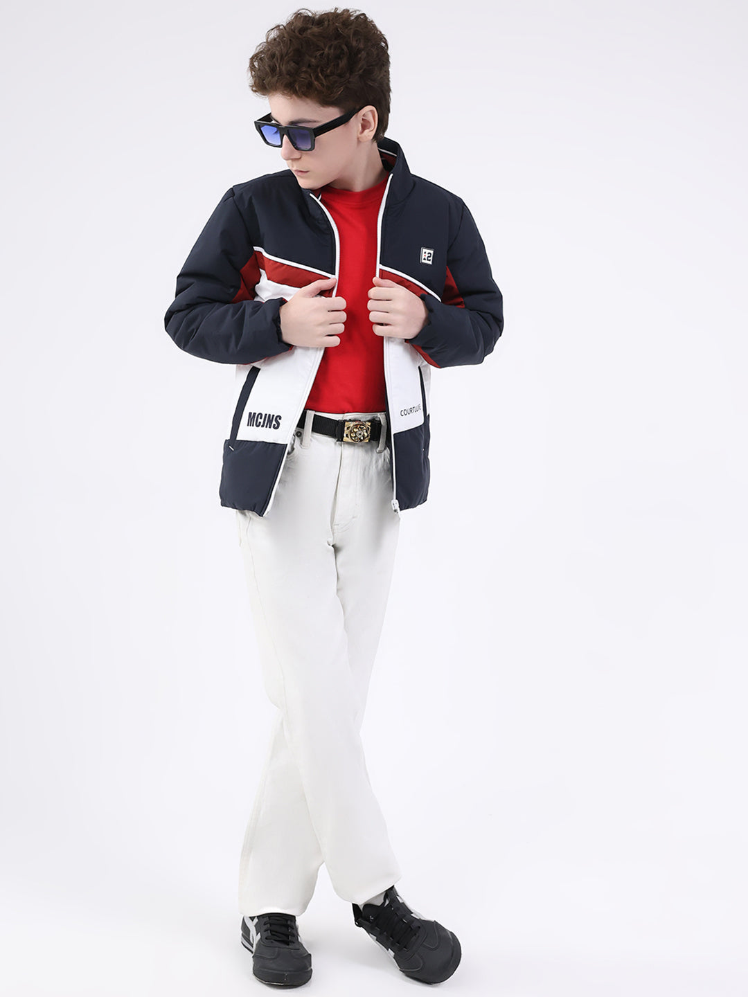 Boys Navy Blue Printed Mock Neck Full Sleeve Jacket