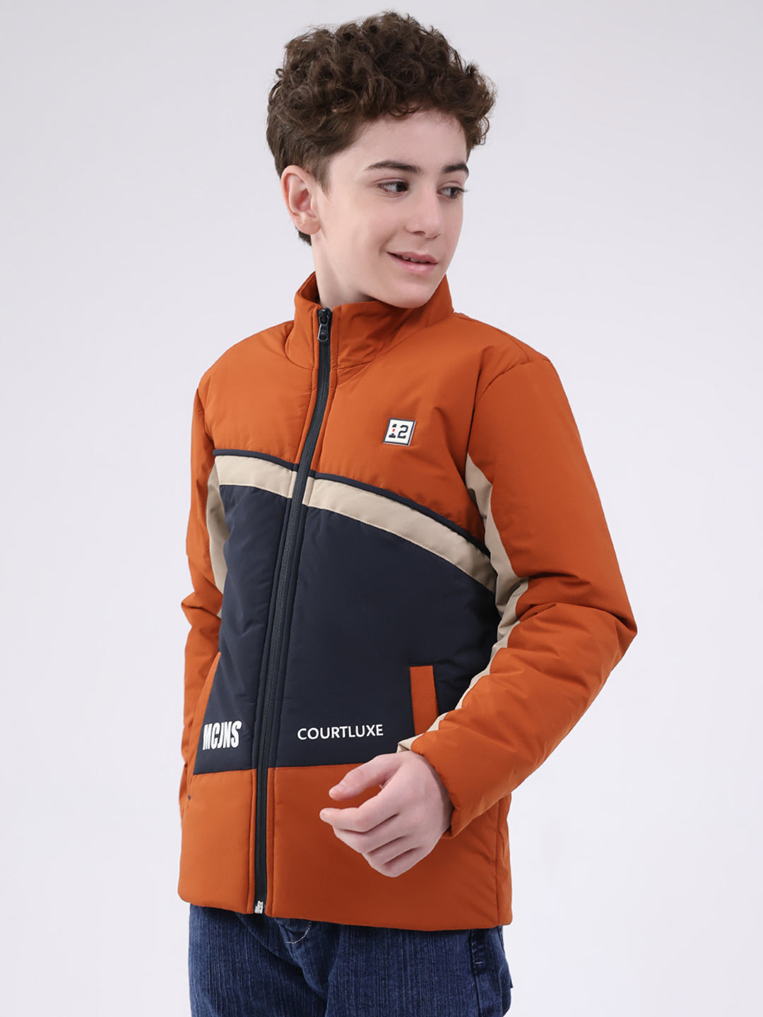 Boys Rust Printed Mock Neck Full Sleeve Jacket