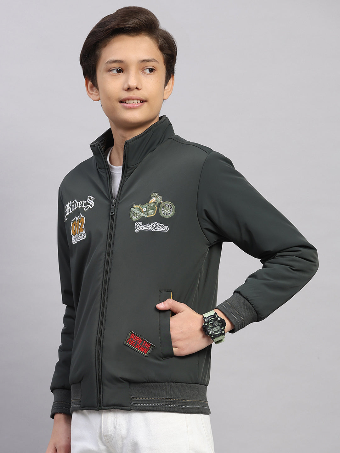 Boys Olive Embroidered Collar Full Sleeve Jacket