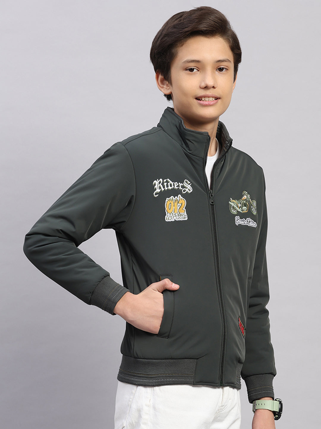 Boys Olive Embroidered Collar Full Sleeve Jacket