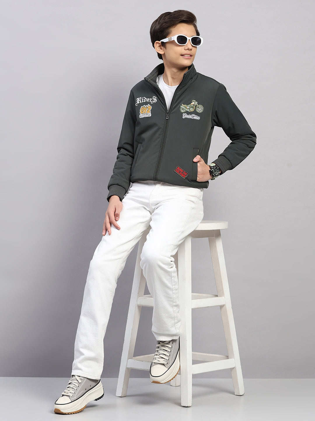 Boys Olive Embroidered Collar Full Sleeve Jacket