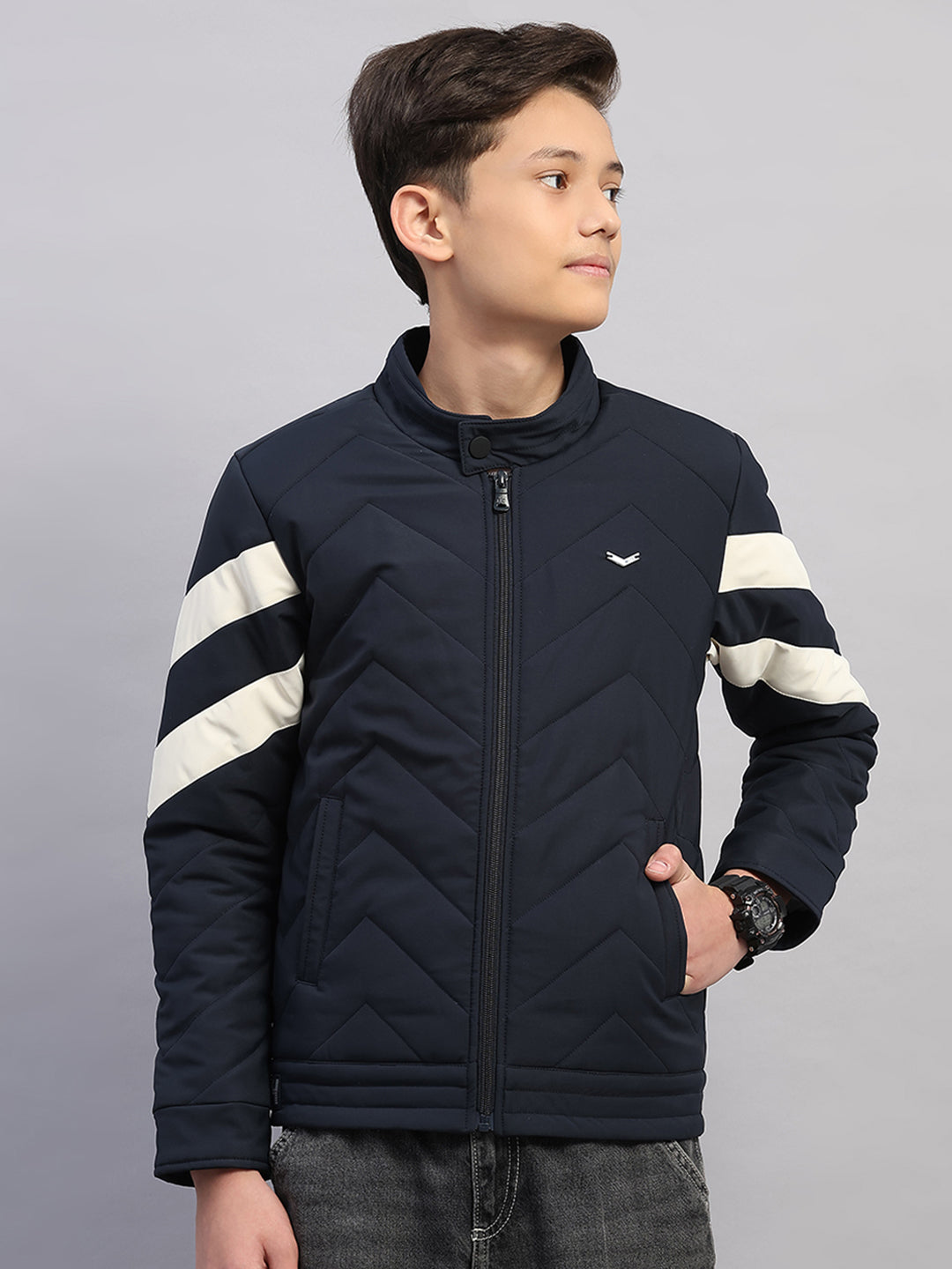 Boys Navy Blue Solid Collar Full Sleeve Jacket