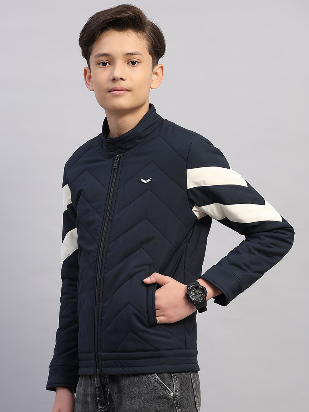 Boys Navy Blue Solid Collar Full Sleeve Jacket