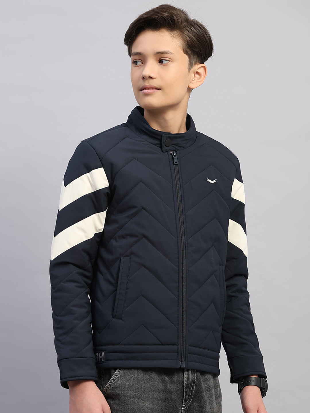 Boys Navy Blue Solid Collar Full Sleeve Jacket