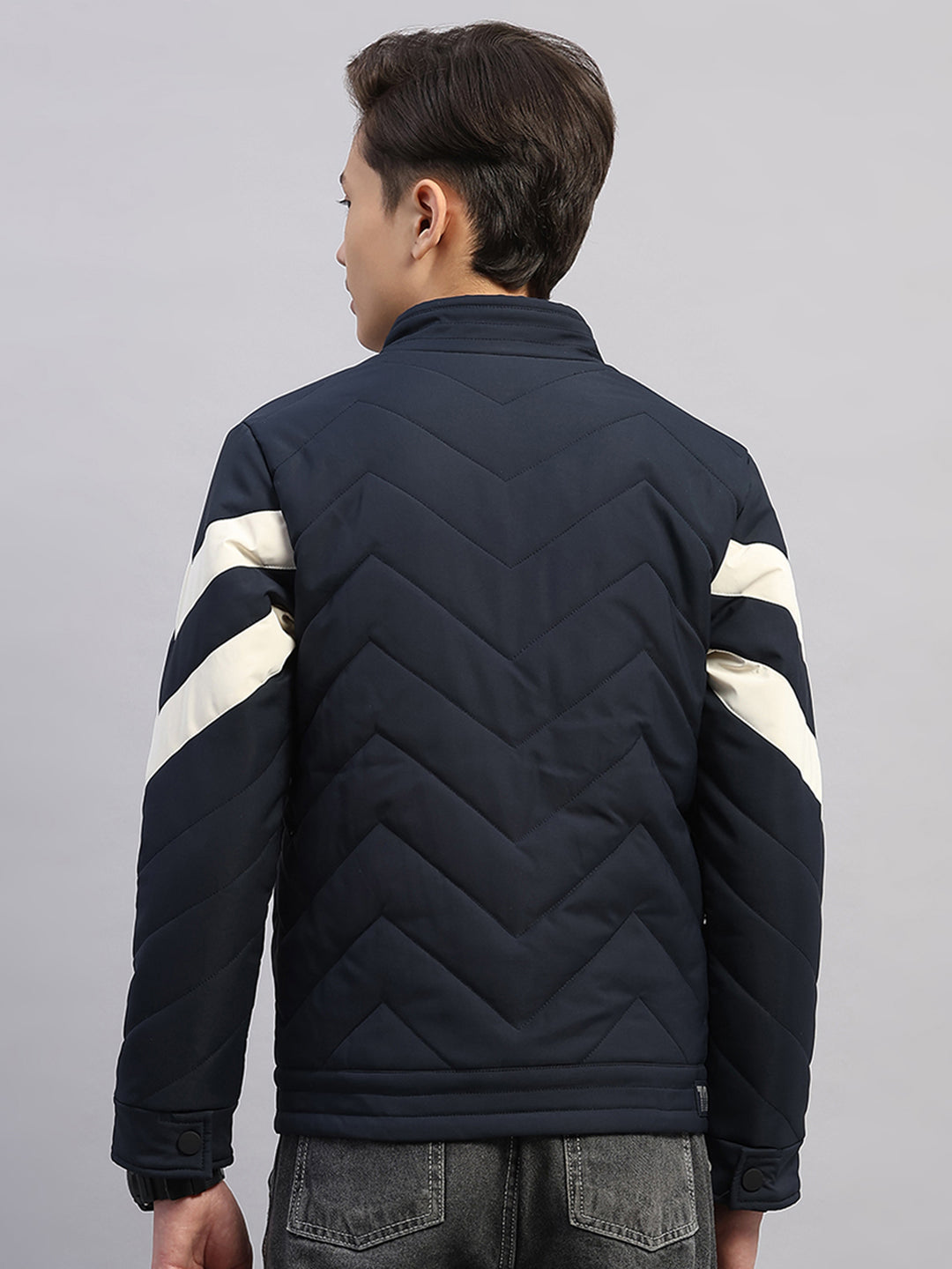 Boys Navy Blue Solid Collar Full Sleeve Jacket
