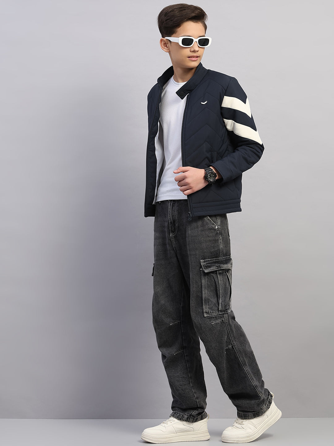 Boys Navy Blue Solid Collar Full Sleeve Jacket