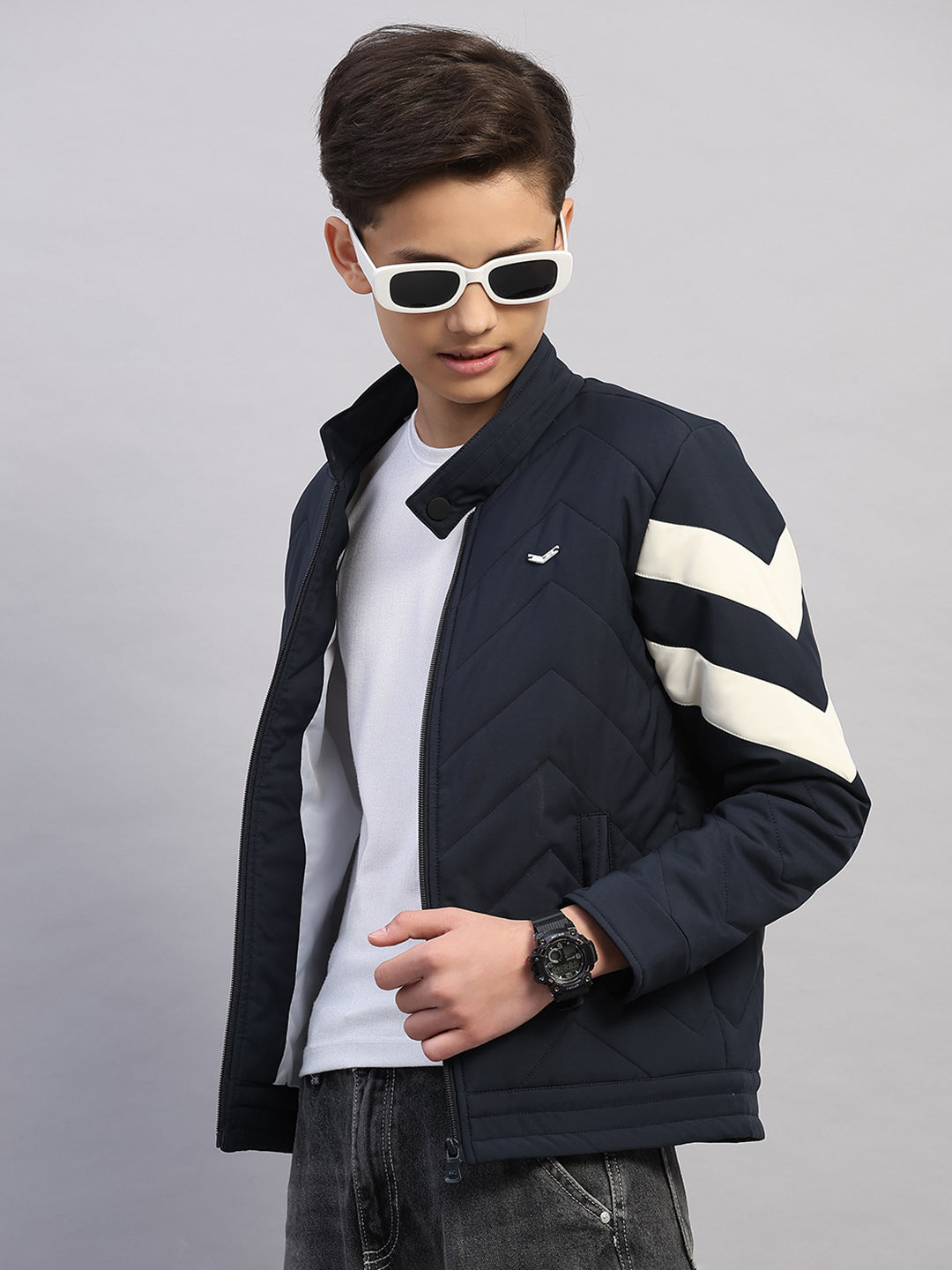 Boys Navy Blue Solid Collar Full Sleeve Jacket