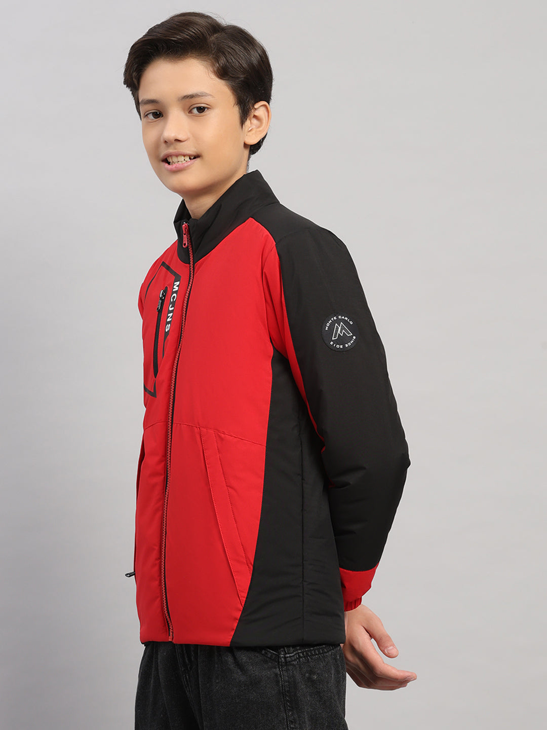 Boys Red Printed Collar Full Sleeve Jacket