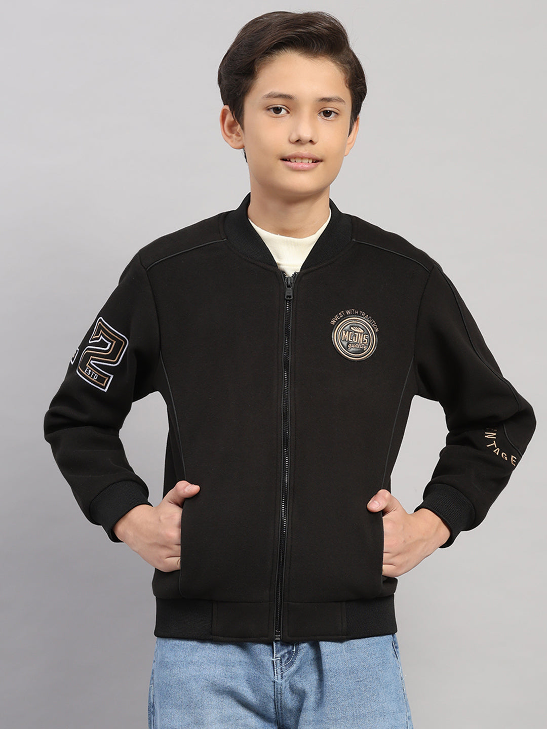 Boys Black Embroidered Collar Full Sleeve Jacket