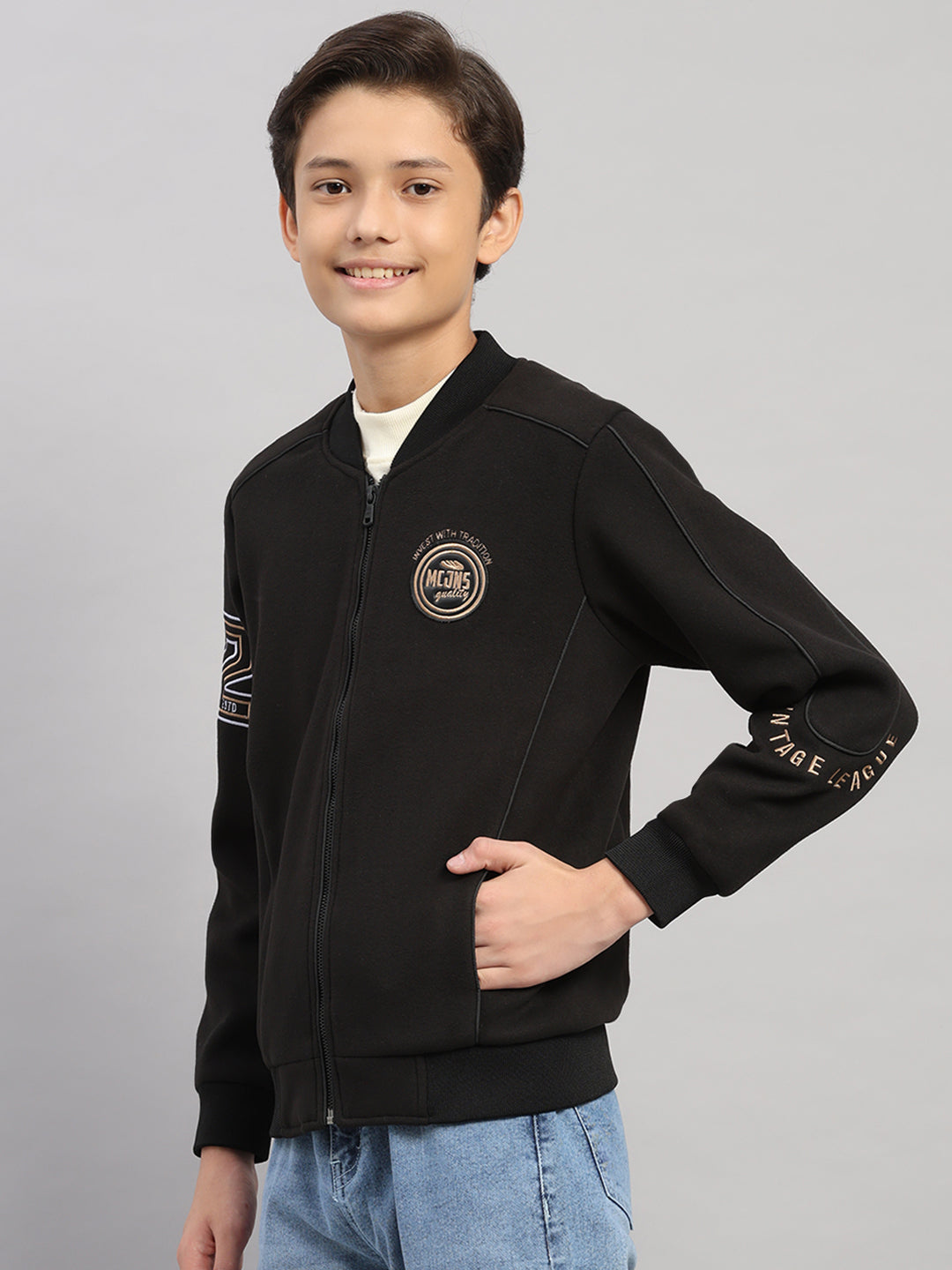 Boys Black Embroidered Collar Full Sleeve Jacket