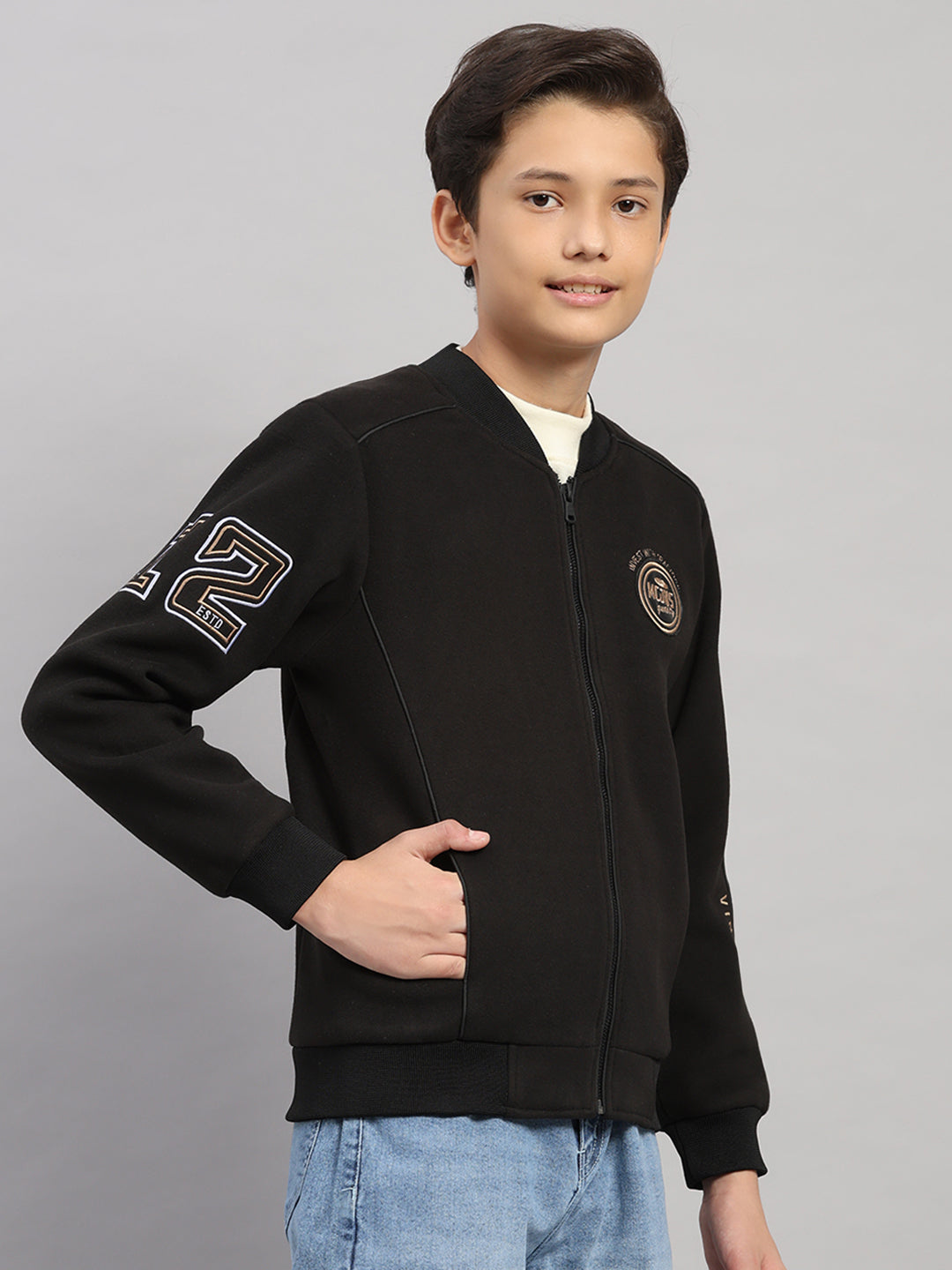 Boys Black Embroidered Collar Full Sleeve Jacket