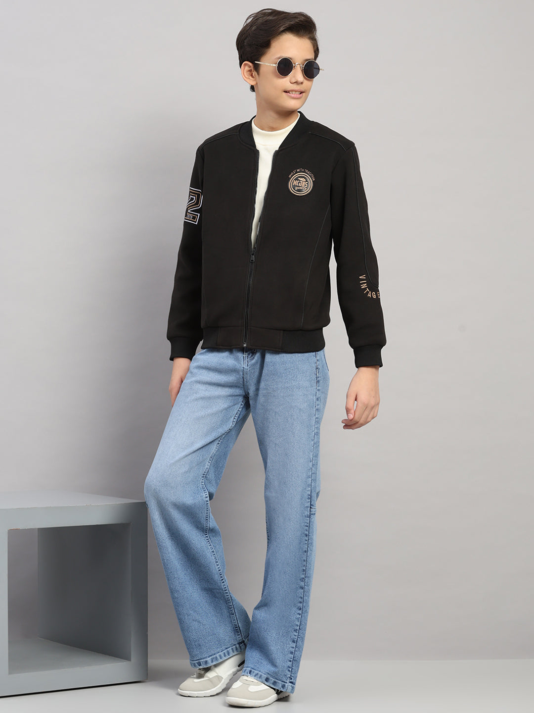 Boys Black Embroidered Collar Full Sleeve Jacket