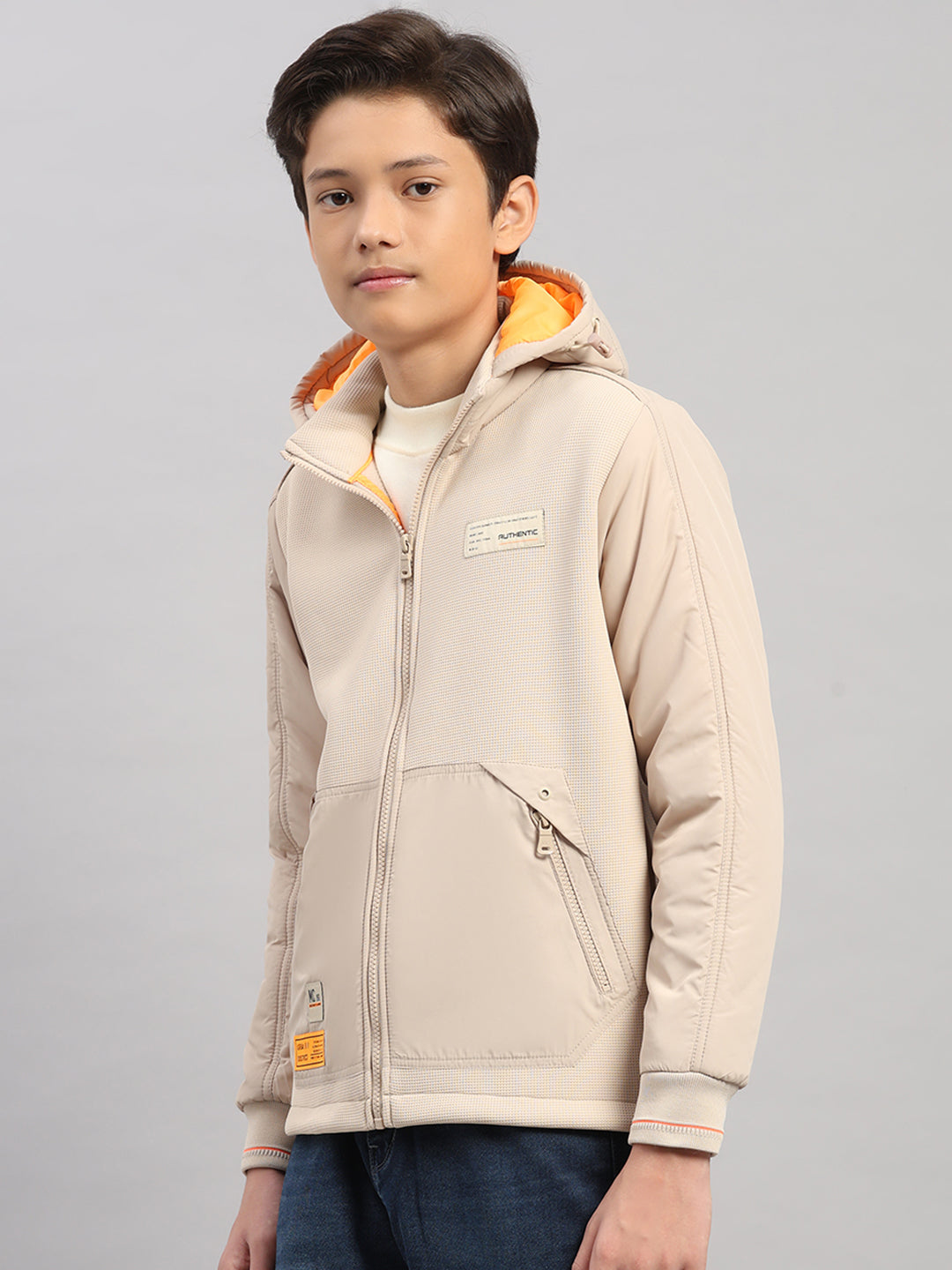 Boys Beige Solid Hooded Full Sleeve Jacket