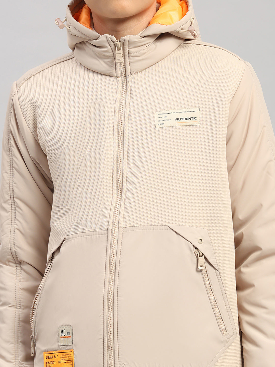 Boys Beige Solid Hooded Full Sleeve Jacket